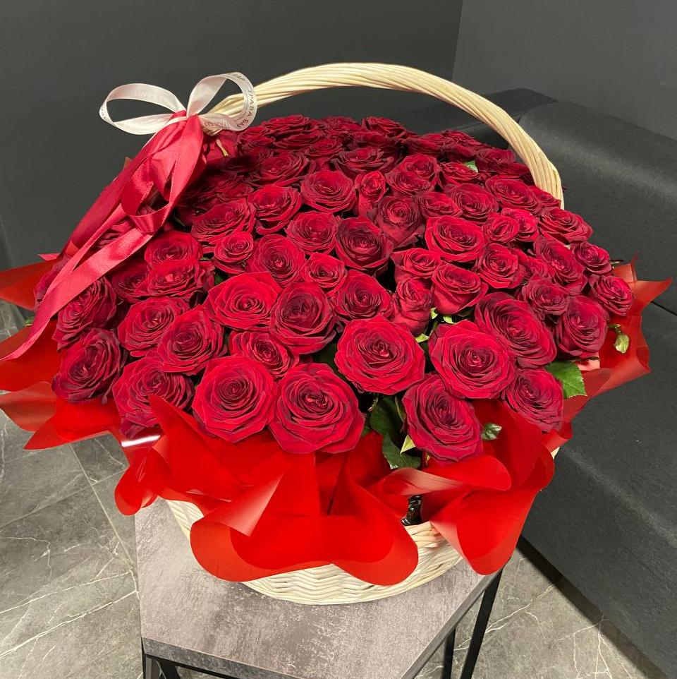 101 красная роза 60 см в корзине фото 1