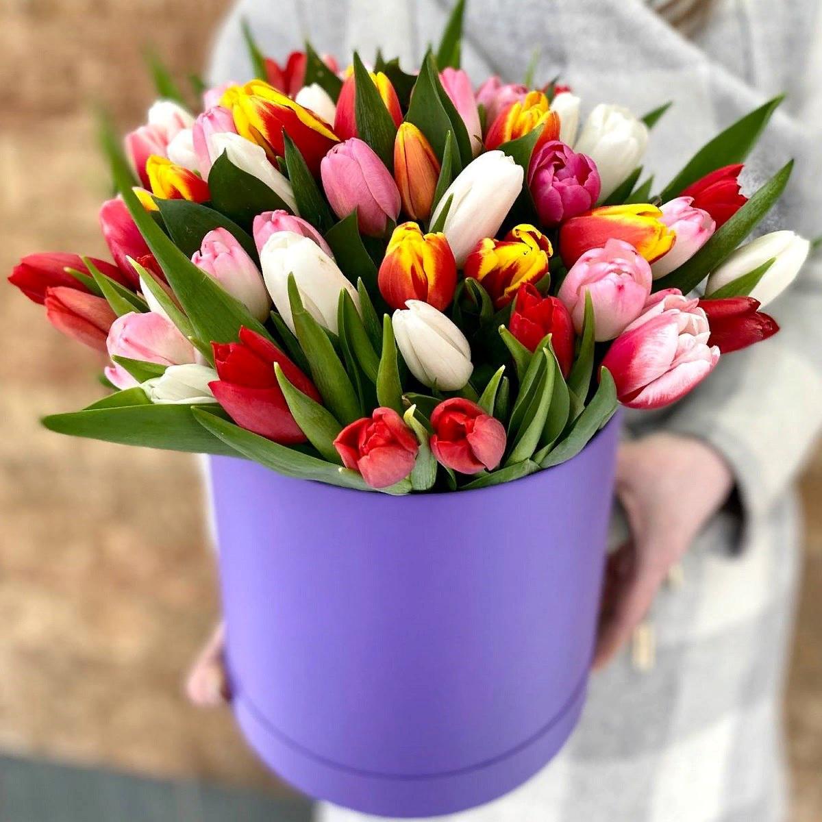 Композиция "51 разноцветный тюльпан в коробке"