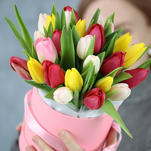 Композиция "25 разноцветных тюльпанов в коробке"