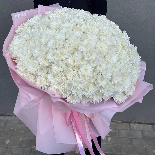 Букет из 101 белой махровой хризантемы фото 3