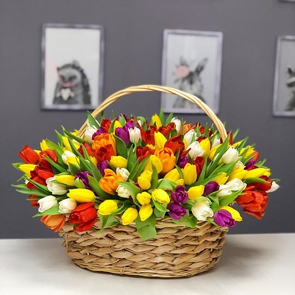 101 тюльпан микс в корзине