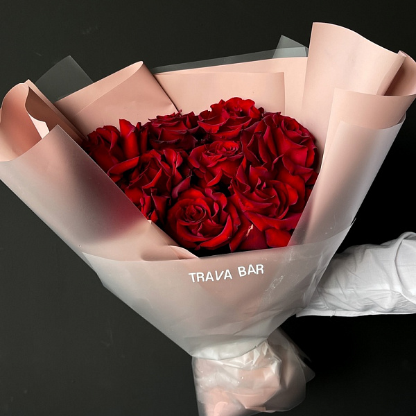 Букет из 9 красных французских роз 50/60 см фото 2